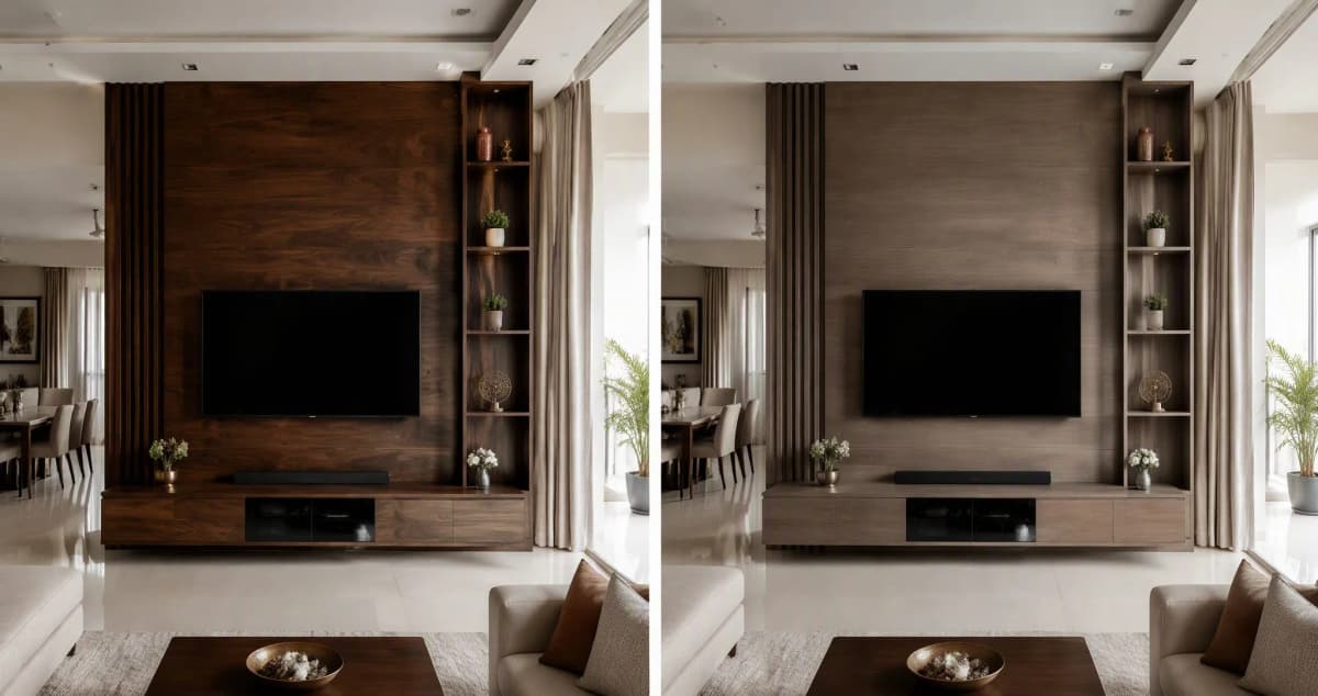 Split comparison of the same TV wall panel finished in natural walnut veneer on the left and wood-look laminate on the right