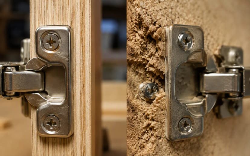 Side-by-side comparison of cabinet hinge mounted on plywood edge gripping firmly versus hinge on crumbling particle board edge with loose screw