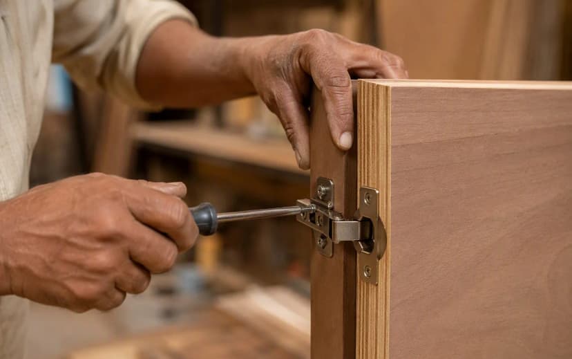 Carpenter fitting a soft-close concealed hinge into the thick edge of an 18mm plywood wardrobe shutter in an Indian workshop