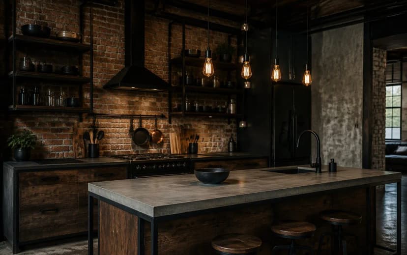 An industrial style kitchen with exposed brick walls, black metal shelving, concrete countertop and Edison bulb pendants
