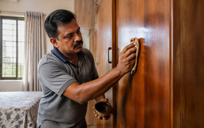 Indian homeowner polishing a wooden wardrobe surface with a cloth as routine interior maintenance
