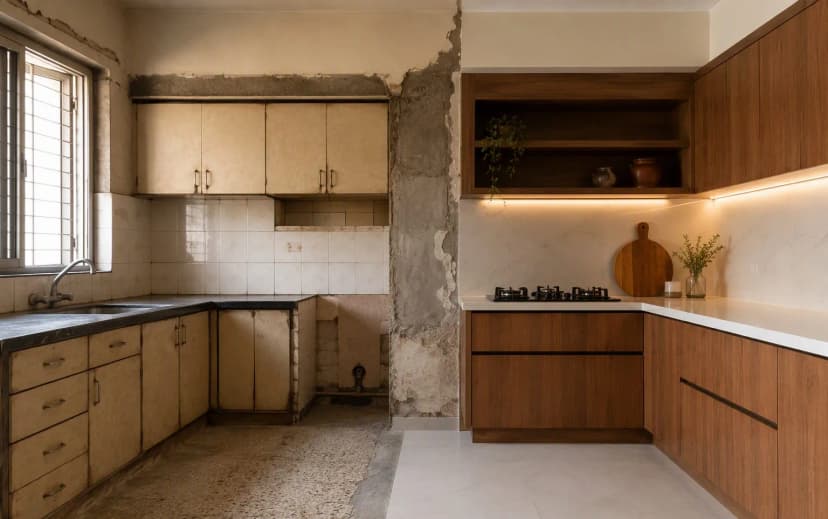 Split view of an old worn Indian kitchen with faded laminate cabinets beside the same space renovated with modern teak-tone cabinets and quartz counter