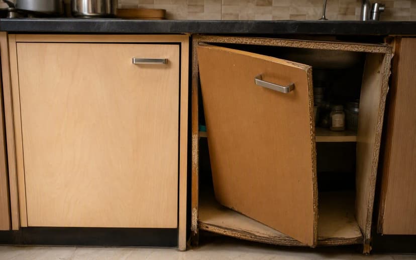 Comparison of a plywood kitchen cabinet with door hanging straight after years versus a swollen particle board cabinet with sagging misaligned door and peeling edges