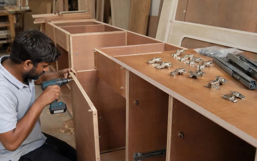 Carpenter assembling BWP plywood modular kitchen carcass boxes with hinges and drawer channels laid out on the worktop