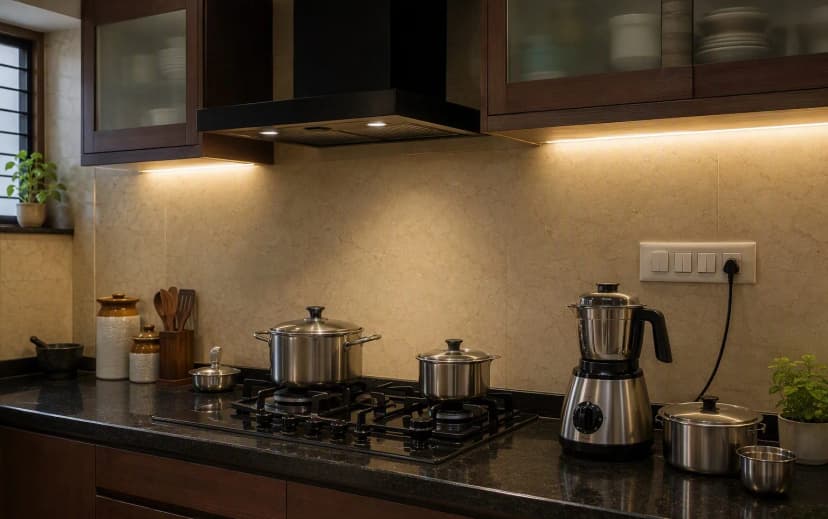 Indian kitchen counter with hob, chimney, under-cabinet LED lighting, mixer grinder and electrical switch points on the dado wall