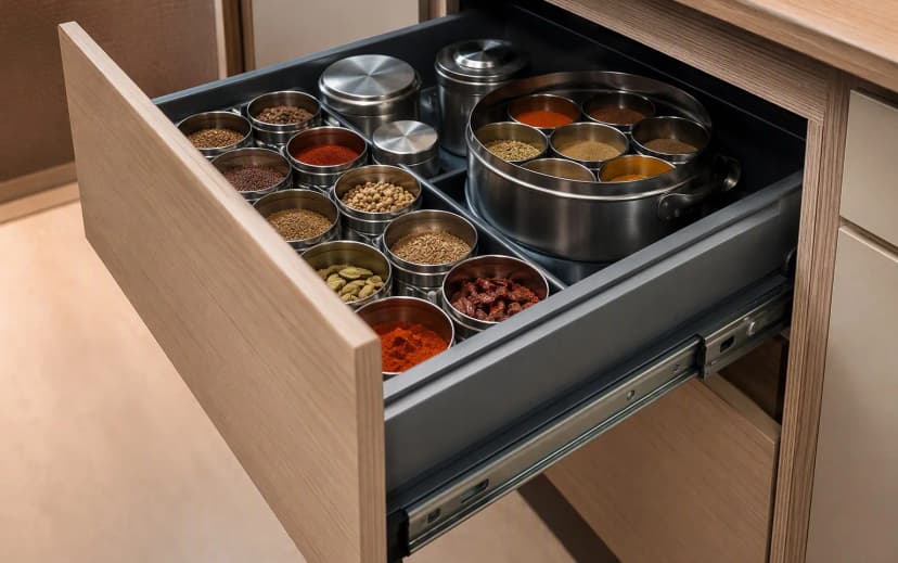 Open soft-close kitchen drawer with organised Indian spice tins and a masala dabba in a deep pull-out