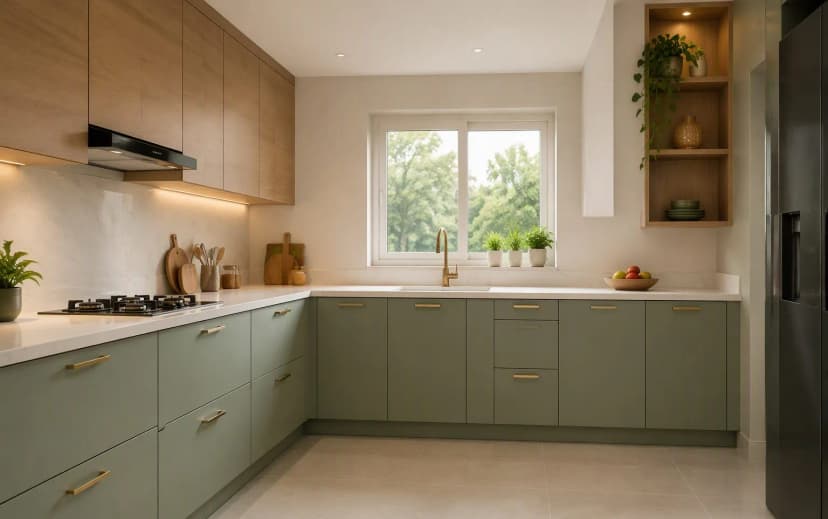 Modern Bangalore kitchen with matte sage laminate lower cabinets, warm oak upper cabinets and white quartz countertop