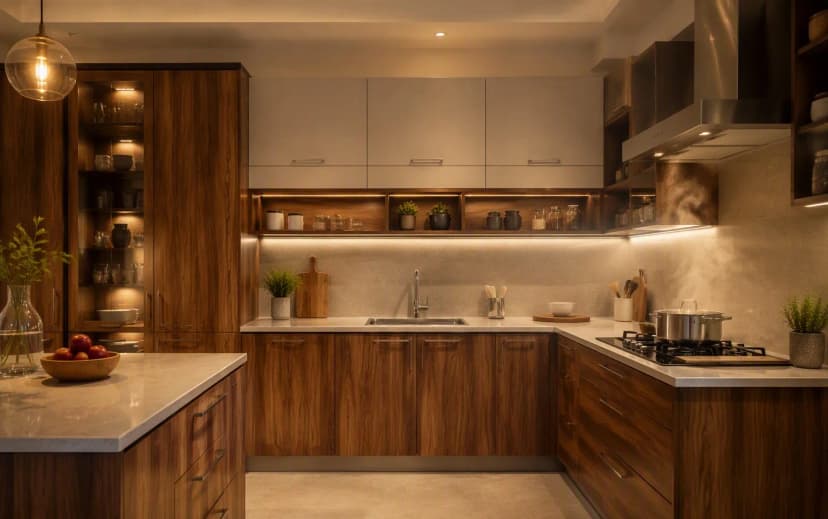 Indian kitchen with woodgrain laminate plywood cabinets, steam rising near the hob and sink
