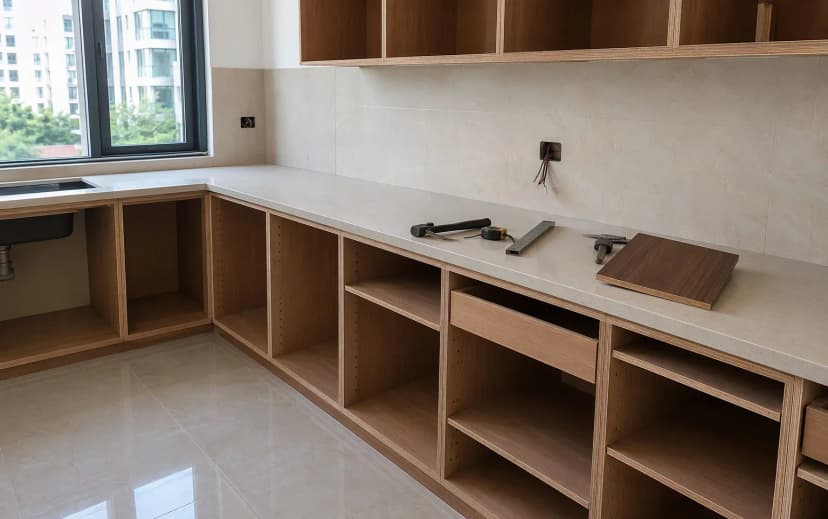 A modular kitchen under installation with exposed plywood cabinet carcasses showing the layered ply edges