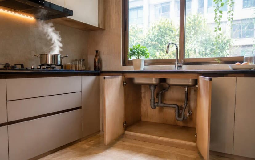 Open cabinet under a kitchen sink in a modern Indian modular kitchen showing the plywood carcass, plumbing pipes, with steam rising from a pot on the nearby hob