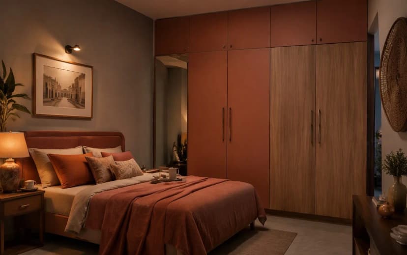 Bedroom with matte terracotta and warm oak laminate wardrobe under warm evening lighting
