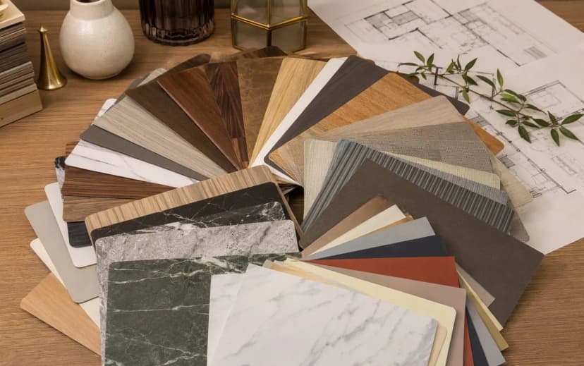 Fan of laminate sample swatches on an architect's desk showing woodgrains, marble looks, solid colours and textured finishes