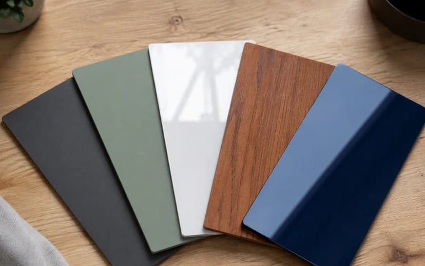 Laminate sample swatches fanned on an oak workbench: matte charcoal, super-matte sage, high-gloss white, textured teak woodgrain and glossy navy