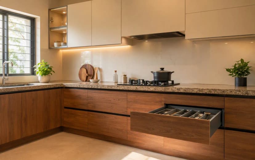 Modular kitchen in an Indian home with warm oak laminate base cabinets, cream laminate uppers and an open laminated utensil drawer