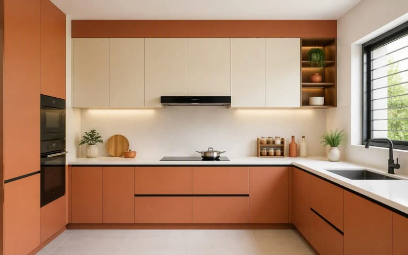 Modern Bangalore kitchen with matte laminate shutters in terracotta and cream, crisp uniform surfaces, quartz counter