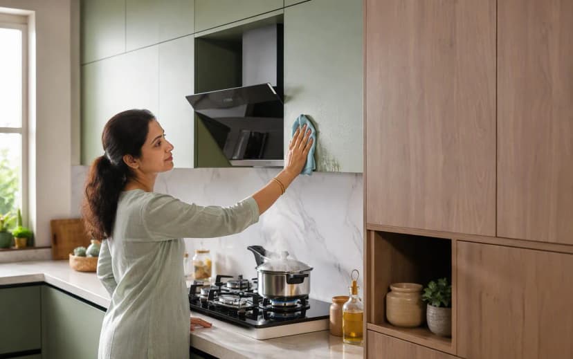 A woman wiping a matte laminate kitchen cabinet with a damp cloth while a pressure cooker steams on the hob