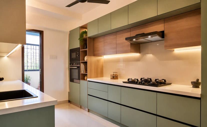 A modern modular kitchen with matte sage-green and woodgrain laminate cabinets