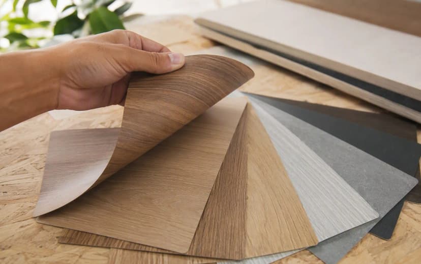 Hand bending a woodgrain laminate sample to test flexibility, with laminate swatches fanned on a workbench