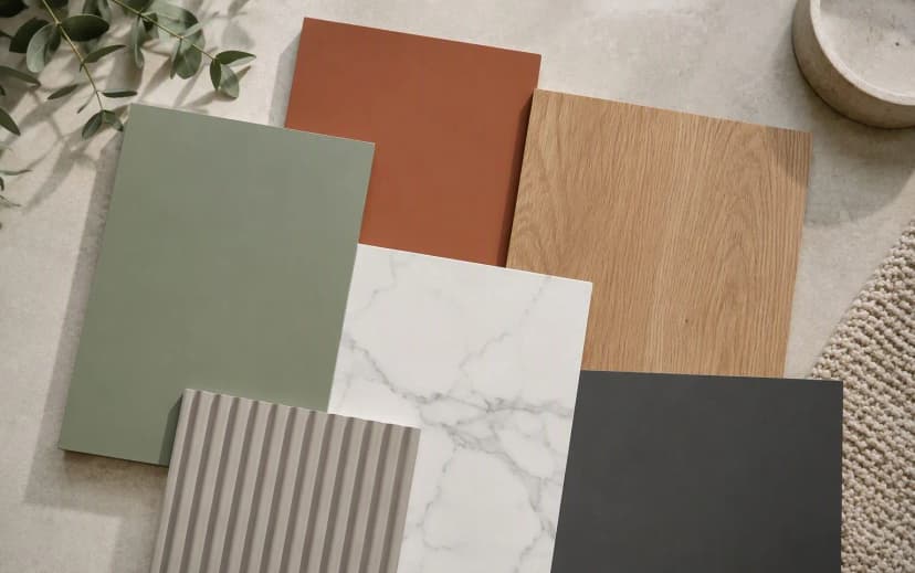 Flat-lay of laminate samples: sage green, terracotta, oak woodgrain, marble-look, charcoal and fluted texture