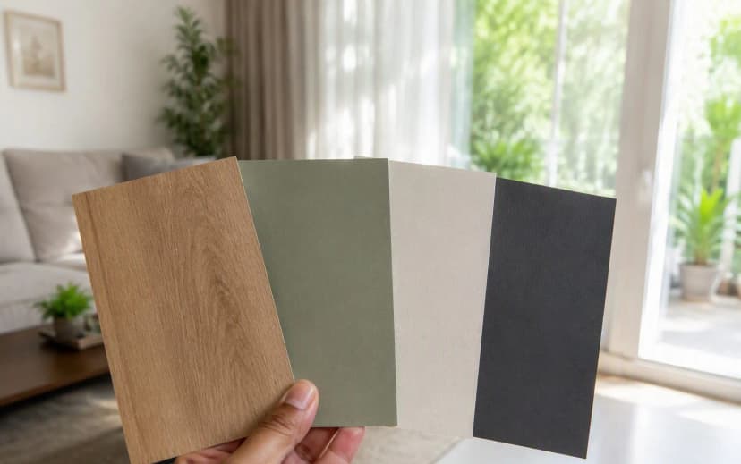 Hand holding oak, sage, cream and charcoal laminate sample boards near a window to judge colours in natural daylight