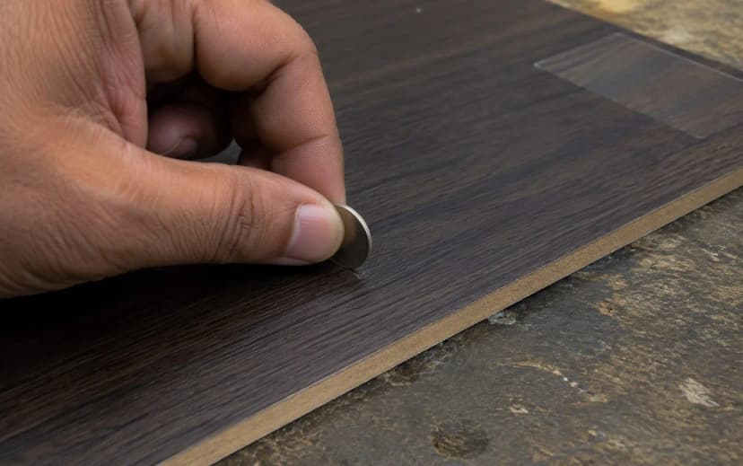 Coin scratch test being performed on a dark walnut laminate sheet on a workbench