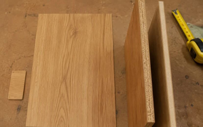 Laminate samples on a workbench comparing a small catalogue chip with a full-size sheet and different thicknesses