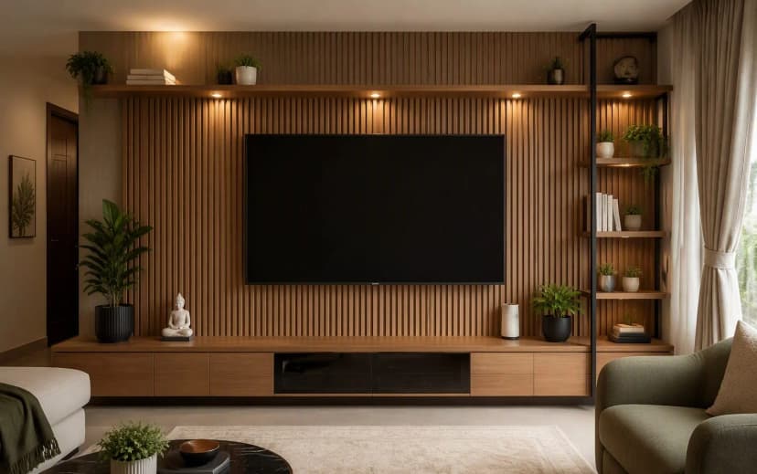 A living room with a plywood TV unit, fluted wood wall paneling and floating display shelves