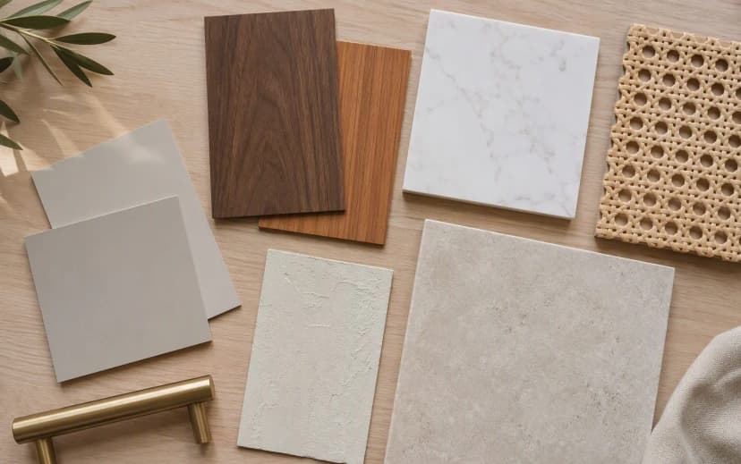 Flat lay of trending interior material samples: walnut and oak laminate swatches, cane webbing, quartz chip, terracotta tile, sage and cream swatches and a brass handle
