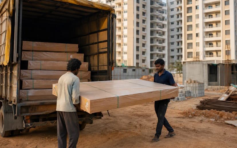 Workers unloading a strapped bundle of plywood sheets from a tempo truck at a Bangalore apartment site