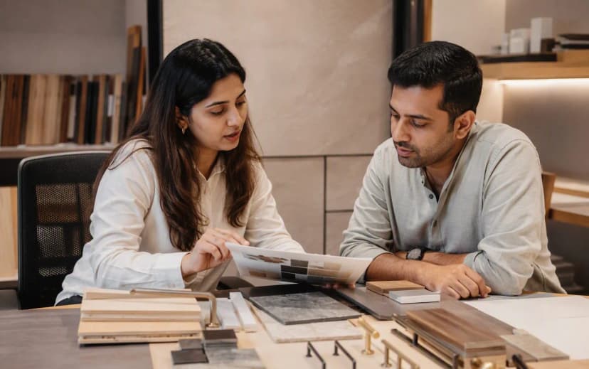 Interior designer and homeowner reviewing a material specification sheet with plywood samples and hardware fittings on the desk