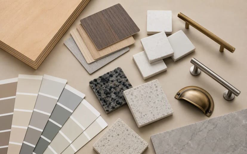 Flat lay of renovation material samples: plywood, laminate swatches, tiles, granite, quartz, paint cards and hardware
