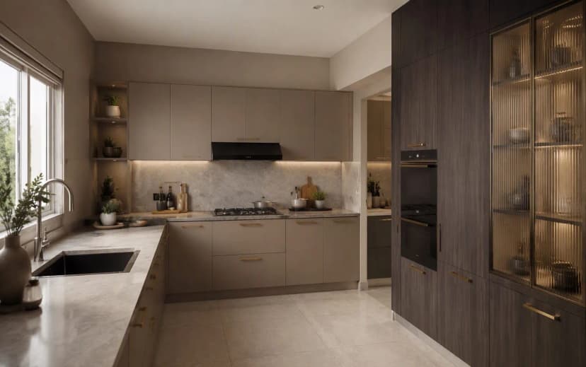 Modern Bangalore kitchen with matte greige laminate shutters, dark charcoal woodgrain tall units and brass handles