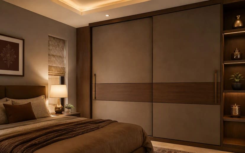 Bedroom with a large sliding-door wardrobe in matte taupe and walnut laminate absorbing warm lamplight, zero reflections