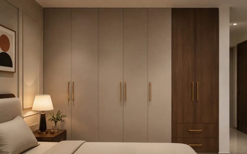 Bedroom wardrobe with soft-touch matte greige laminate shutters, one walnut woodgrain section and brushed brass handles — the matte finish trend