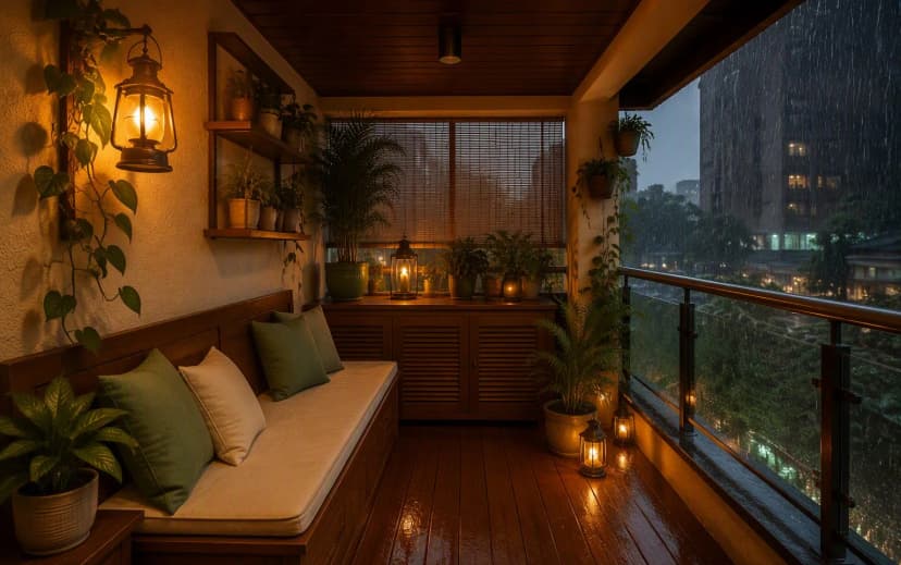 Covered balcony in an Indian apartment with waterproof plywood bench and cabinet during monsoon rain, furniture pristine