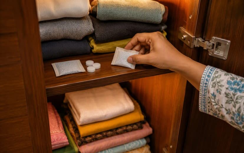 Hand placing silica gel packets and camphor tablets inside a wooden wardrobe shelf with folded clothes