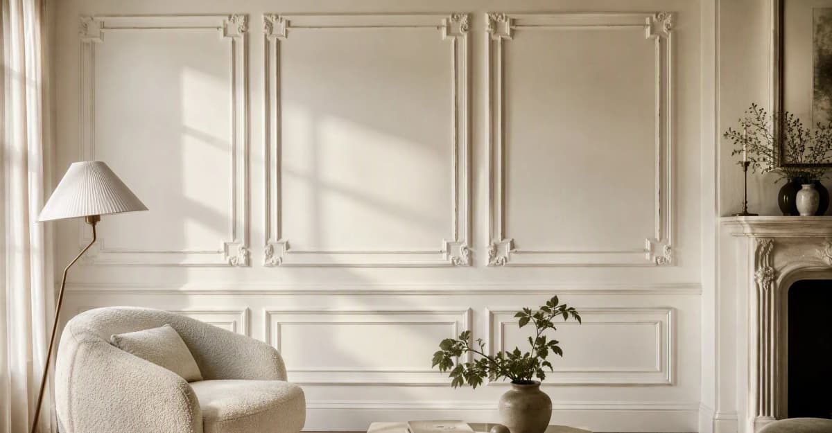 A living room wall with classic picture-frame moulding panels in soft white, with raking window light