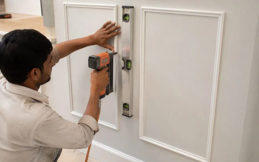 Carpenter installing picture frame wall moulding trim with a spirit level in an apartment