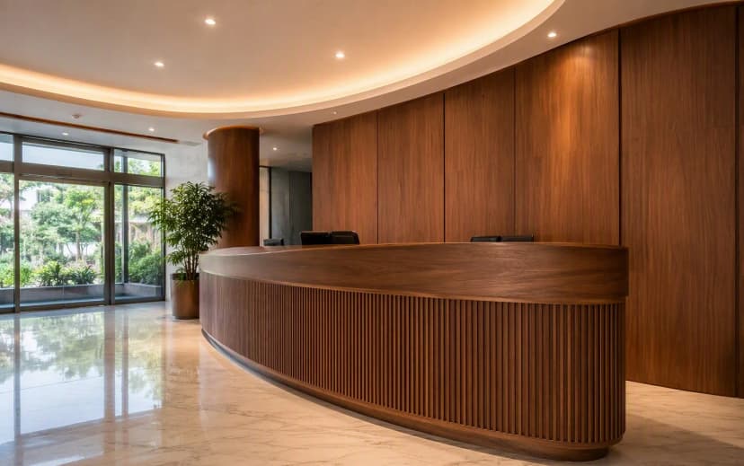 Office reception with curved plywood counter wrapped in flexible plywood and finished in wood veneer
