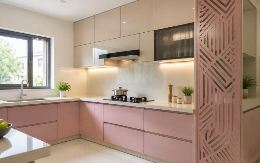 Modern Indian modular kitchen with smooth pastel-painted MDF shutters and a CNC-routed decorative partition panel