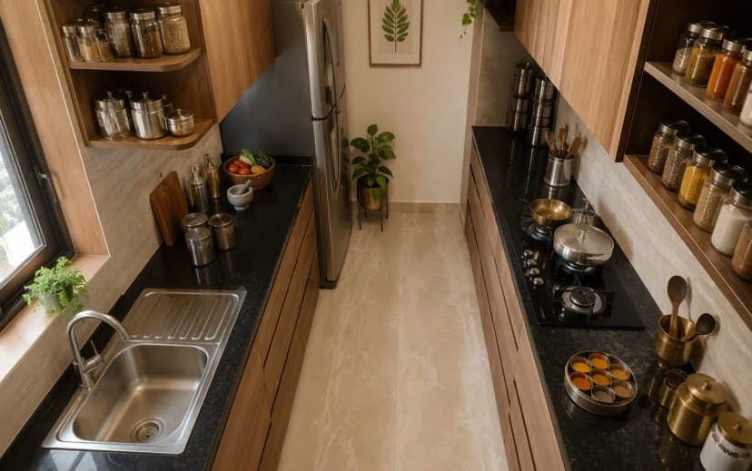 Compact Indian parallel modular kitchen with sink and hob on facing counters, refrigerator at the end and spice jars on shelves