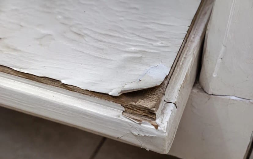 Peeling and chipped laminate corner on a cabinet edge exposing the raw board beneath