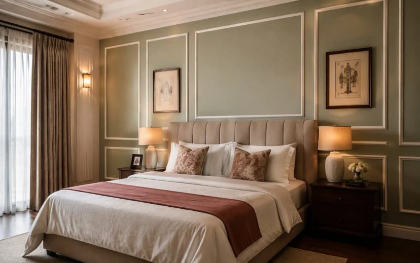 Sage green bedroom wall with white picture frame box trim moulding behind an upholstered bed