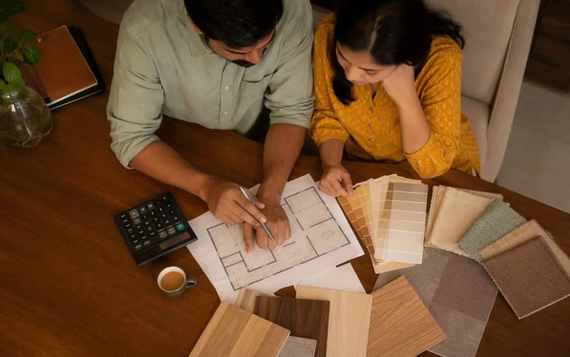 Indian couple at a wooden desk reviewing floor plans, wood and fabric samples, colour cards and a calculator while planning their home renovation budget