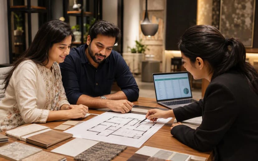 Indian couple reviewing a floor plan and material swatches with an interior designer