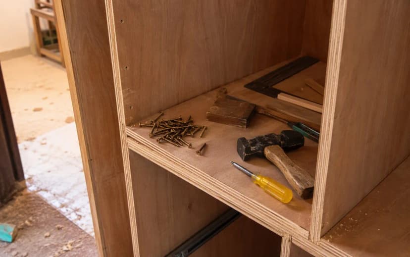 Wardrobe carcass under construction from calibrated plywood panels with visible layered edges, carpenter tools on a shelf