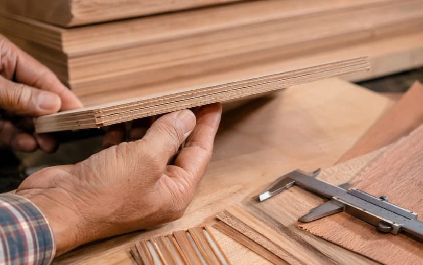 Carpenter inspecting a BWP plywood cross-section with dense gap-free core layers and a vernier caliper measuring thickness