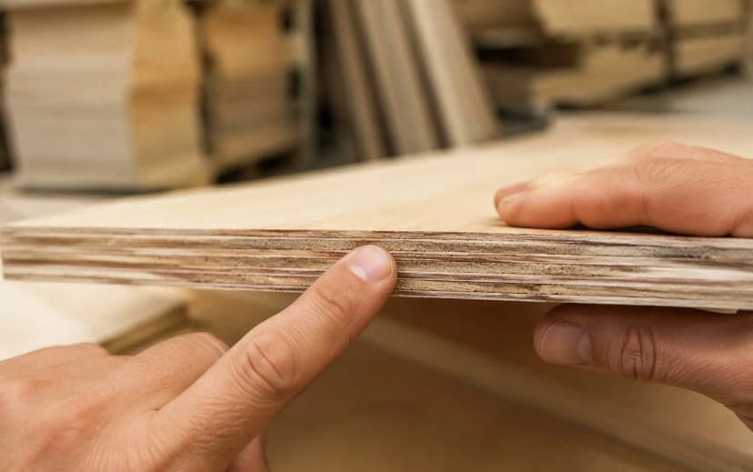 Hands inspecting the layered edge of a plywood sheet at a timber shop, checking ply count and voids