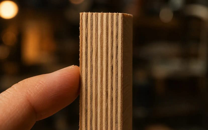 Macro close-up of a premium plywood edge showing thin uniform hardwood veneer layers with tight glue lines and no gaps