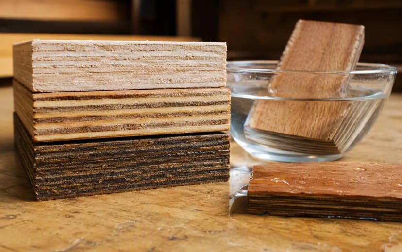 Stack of MR, BWR and BWP plywood offcuts showing edge construction differences beside a water soak test bowl